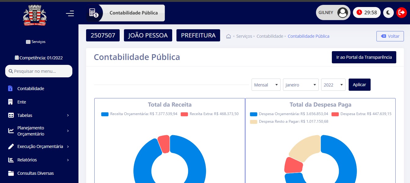 Tela do Sistema de Contabilidade Pública Info Public